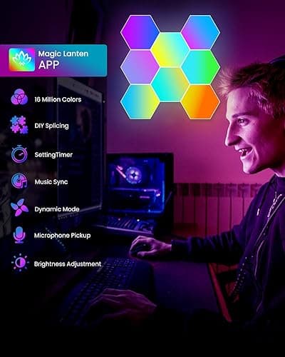 NIUCOO 8 Pack Hexagon Led Lights Wall Panels: RGB Gaming Lights with APP Smart Modular Panel Hex Tiles Push Glide Expansion Shapes Lights thumbnail 5