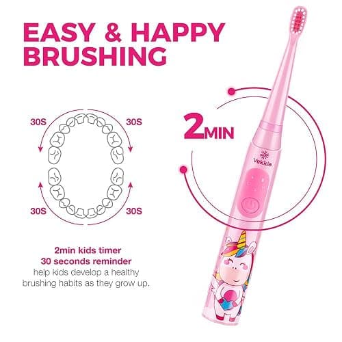 Vekkia Sonic Rechargeable Kids Electric Toothbrush(Pink) | 3 Modes with Memory/Fun & Easy Cleaning/24000 Strokes, IPX7 Waterproof, 2-Min Timer for Age 5+/4 Soft Bristles thumbnail 4