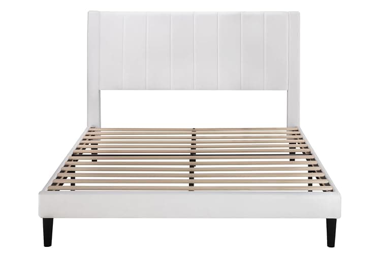 Allewie Queen Bed Frame/Velvet Upholstered Bed Frame with Vertical Channel Tufted Headboard/Strong Wooden Slats/Platform Bed Frame/Mattress Foundation/Box Spring Optional/Easy Assembly/White thumbnail 9