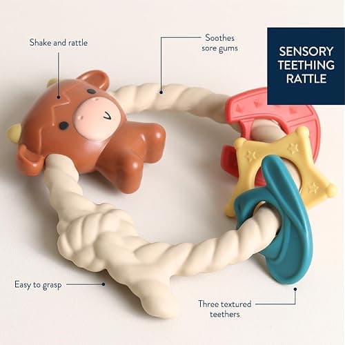 Itzy Ritzy Silicone Teether with Rattle – Rattle Teether Features Rattle Sound, Three Silicone Teething Rings and Raised Texture to Soothe Gums – Ages 3 Months and Up (Highland Cow) thumbnail 4