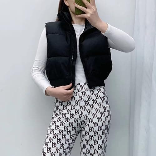 Shiyifa Women's Fashion High Neck Zipper Cropped Puffer Vest Jacket Coat thumbnail 3