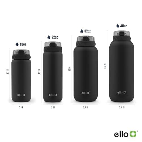 Ello Cooper 32oz Stainless Steel Water Bottle with Straw and Carry Handle, Double Walled and Vacuum Insulated Metal, Leak Proof Locking Lid with Soft Silicone Spout, Reusable, BPA Free, Black thumbnail 3
