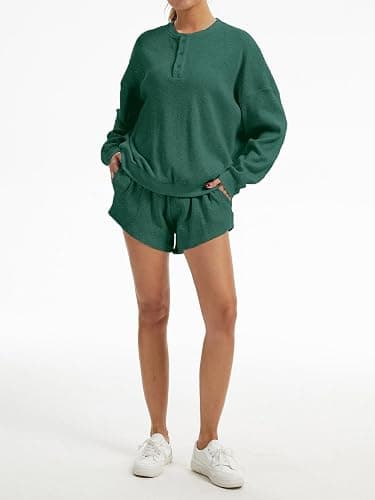 AnotherChill Women's Oversized Waffle Knit Lounge Set Long Sleeve Sweatshirt and High Waisted Shorts 2 Piece Casual Outfit thumbnail 6
