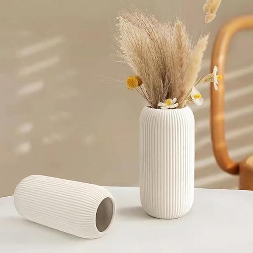 Ceramic Vase for Flowers – Modern Small Ribbed Textured Flower Vase for Home Decor, Pampas Grass, Decorative, Farmhouse, Coffee Table, Kitchen Centerpieces, Bookshelf and Home Living (White) thumbnail 2