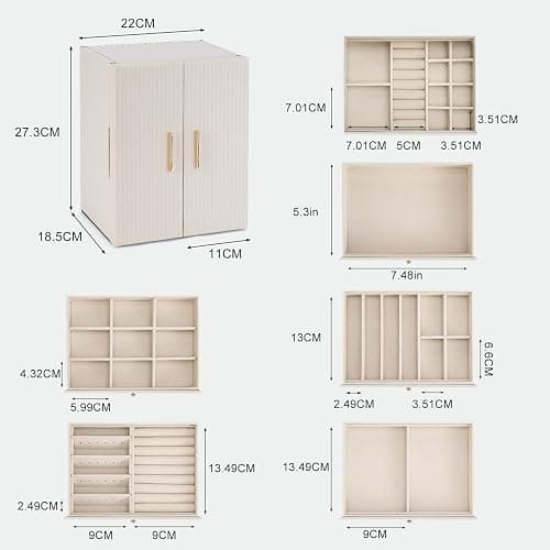 Dajasan Boite a Bijoux Femme, Grande Boite à Bijoux avec 5 Tiroirs, Boîte à Bijoux avec Double Ouverture pour Coiffeuse, Cuir Grain Vertical, Idée Cadeau pour Femme, Fille (Beige) thumbnail 3