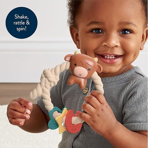 Itzy Ritzy Silicone Teether with Rattle – Rattle Teether Features Rattle Sound, Three Silicone Teething Rings and Raised Texture to Soothe Gums – Ages 3 Months and Up (Highland Cow) thumbnail 3