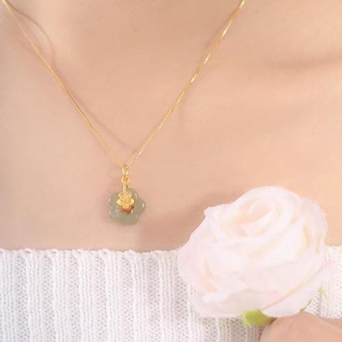 LOOYUUPEE Natural Hetian Jade Necklace for Women, Dainty Jade Flower Charm Pendant Adjustable Choker Necklace Jewelry Chain Gift for Mom Lover Her (925 Sterling Silver with Gold Plated) thumbnail 3