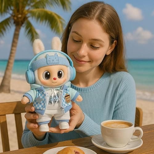 Blue Hoodie Outfit Set for 17cm / 6.69in Doll – Casual Streetwear Clothes with Headphones, Plaid Jacket, Pants and Shoes – (Doll Not Included) thumbnail 2