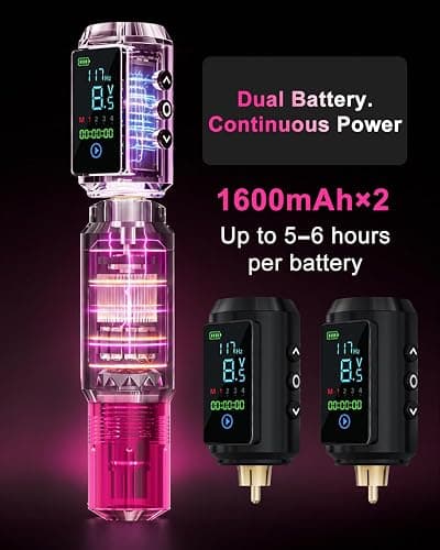 Neebol Wirless Tattoo Gun Kit, 2PCS Batteries Set for Beginners & Artists | Pink dual 1600mAh Tattoo Machine kit 20 Cartridge Needles & 8 Color Inks, Full Tattoo Supplies for Home & Studio practice thumbnail 3