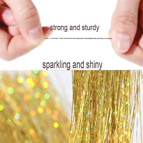Celinebella Metallic Gold Hair Tinsel, 5 Bundles Full 48 Inch Length, Premium Soft Smooth Strands Heat Resistant for Casual Office Party Styling thumbnail 3