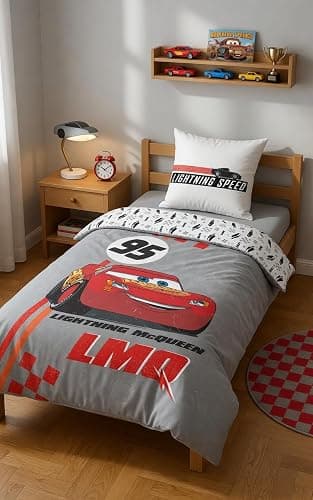 Cars Flash McQueen Housse de Couette 140x200 + Taie 60x63 Coton Gris Rouge | Parure de lit réversible 1 personne | Coton naturel respirant Oeko-Tex | Disney Pixar | Garçon 3-10 | Cadeau | Idée cadeau - Image 1
