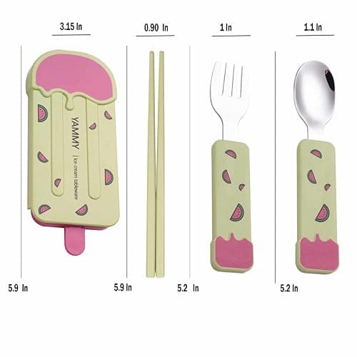 3-Piece Portable Stainless Steel Cutlery Set with Case - Cartoon Ice Cream Shapes, Mirror Polished Fork, Spoon, Chopsticks (Pink) thumbnail 3
