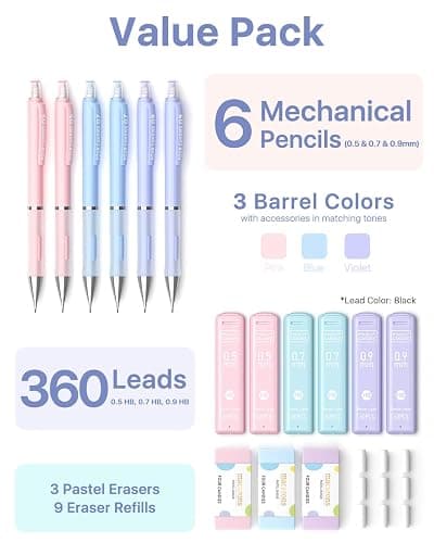 Four Candies Pastel Mechanical Pencil Set - 6PCS 0.5 mm & 0.7 mm & 0.9 mm Cute Mechanical Pencils with 360PCS HB Lead Refills, 3PCS Erasers and 9PCS Eraser Refills, Led Pencils Mechanical for Writing thumbnail 7