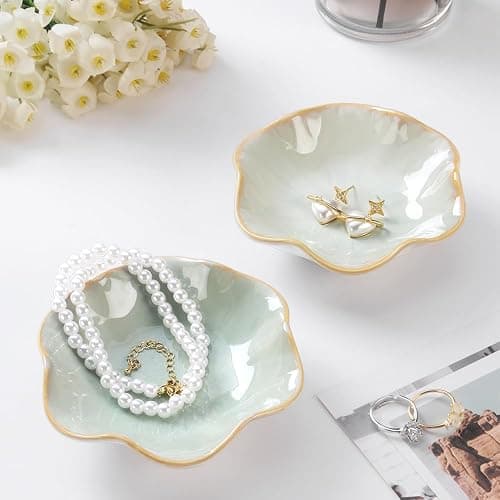 JAMEND CLXP 2PCS Lotus Leaf Shape Ring Holder Dish, Small Key Bowl, Ceramic Trinket Tray Jewelry Dish Organizing Necklace Earrings for Mom Friend Sister, All Jewelries Are NOT Included, Light Green.… thumbnail 4