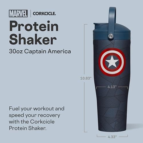 Corkcicle Protein Shaker - Built-In Agitator & Fruit Strainer Lid - 30oz - Captain America thumbnail 3