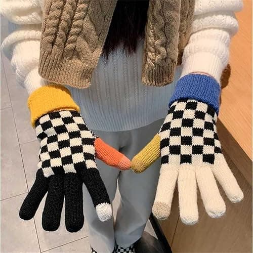 Plaid Winter Gloves with Touch Screen for Women Girls Checkered Double Layer Cold Weather Gloves Thick Thermal Plush Mittens thumbnail 3