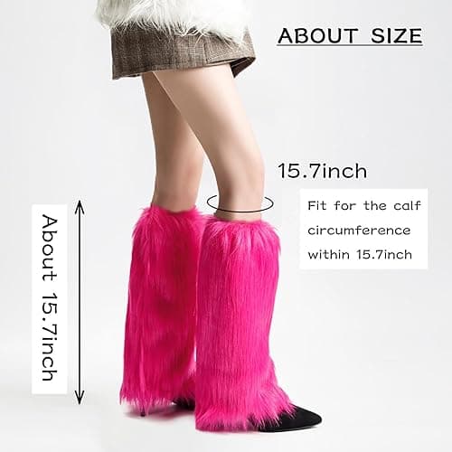 Peecabe Winter Women Faux Fur Fluffy Leg Warmers Fuzzy Long Boot Covers Furry For Christmas - 40cm/15.7in Length - Rose Red thumbnail 6