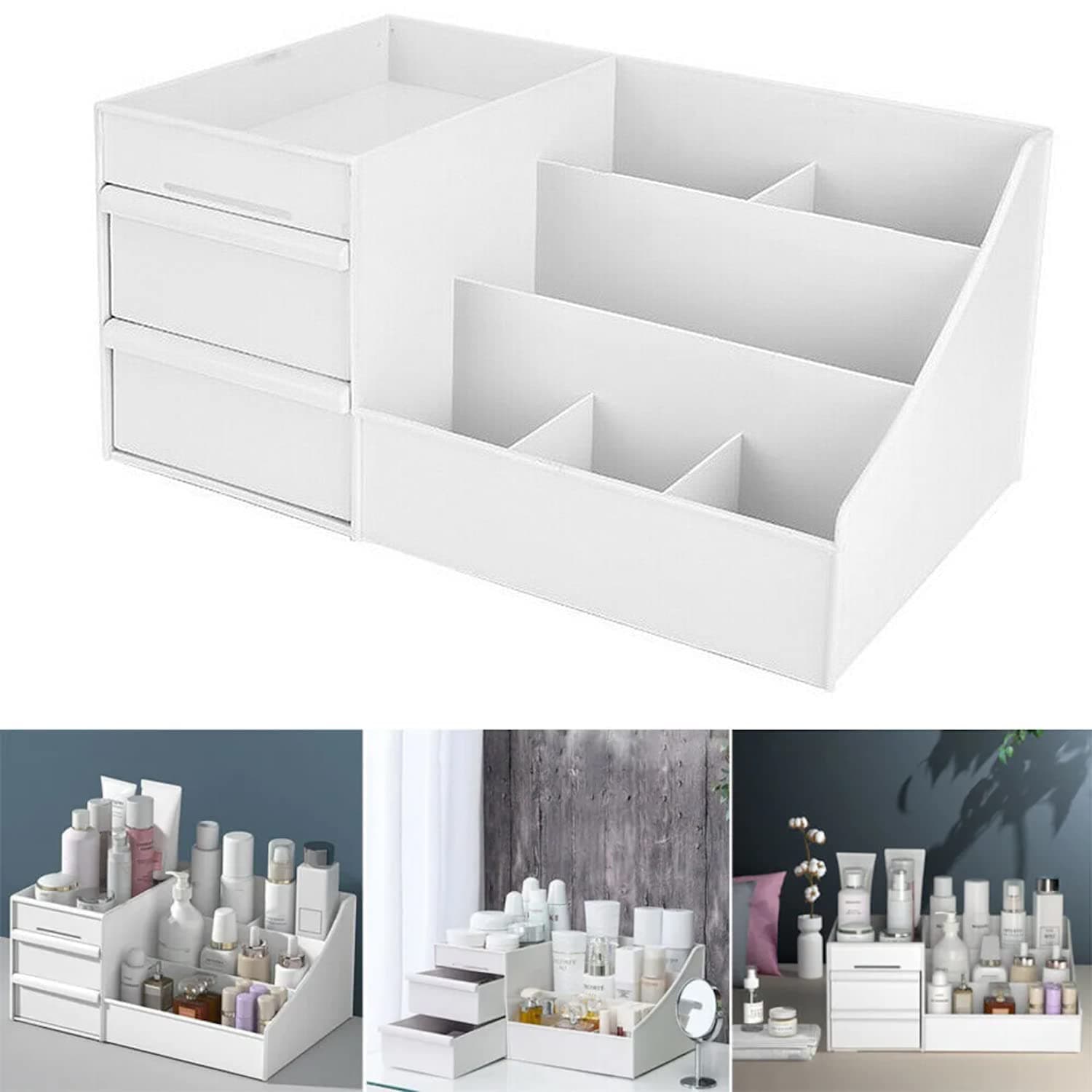 Yotsuba Clarity Cosmetic Organizer with 2 Drawers - Clear Makeup Organizer & Skincare Organizer for Bathroom & Desktop, Multifunctional Jewelry and Cosmetic Organizer Cabinet, White thumbnail 3