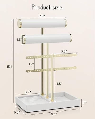 Vlando 3 Tier Necklace Holder Organizer with Tray, Leather Bracelet Holder Display for Women, Gold Jewelry Stand for Bracelet, Necklace, Earrings, Rings - White thumbnail 2