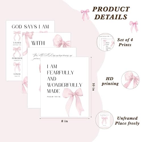 BONETAT Pink Bow Room decor Bible Verses Wall art Posters, Coquette Room Decor and Pink Room Decor For Teen Girls, 8x10 inch girl bathroom decor aesthetic poster with gift box packaging Set of 4 pcs- A02 thumbnail 2