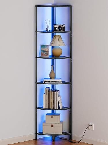 Furnulem 6 Tier Corner Shelf with LED Light, 67.5” Tall Standing Shelf Organizer, Black Narrow Bookshelf with Storage Rack for Wall Corner, Living Room, Bedroom, Metal Frame, Wood Display Shelf - Image 1