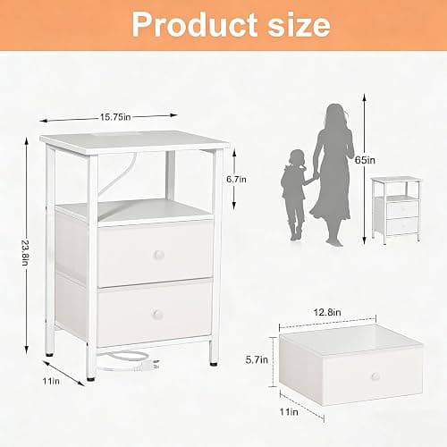 Smoproper Nightstand with Charging Station, Bedside End Table with 2 Fabric Drawers for Bedroom, Side Table with USB Ports and Outlets (White) thumbnail 2