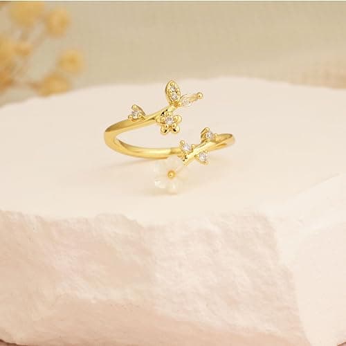 JALZEMPL Birthstone Flower Rings For Women Non Tarnish Gemstone Cubic Zirconia Mother of Pearl Adjustable Size 7-11 Silver Rose 14K Gold Plated Birth Jewelry Gift For Birthday thumbnail 4
