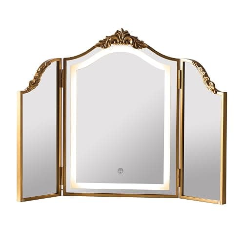 HSDDHOME Antique Gold Triple Fold Makeup Mirror with Tri-Color LED Lighting & Dimming, Baroque Carved Arch Vintage Vanity Mirror, Bohemian Decor for Bedroom/Dressing Room, 31x23 Inch - Image 1