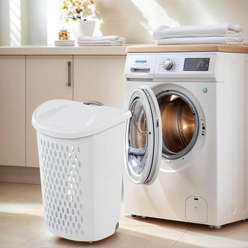 White Wheeled Plastic Laundry Hamper – Adult-Sized Rolling Basket With Handles For Home & Dorms thumbnail 2