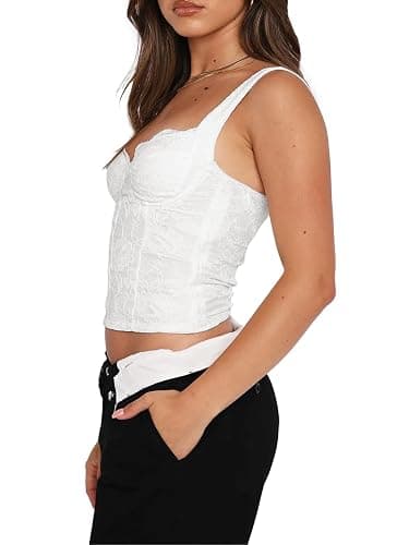 REORIA Women's Summer Sexy Square Neck Sleeveless Going Out Trendy Lace Bustier Tank Crop Tops thumbnail 2