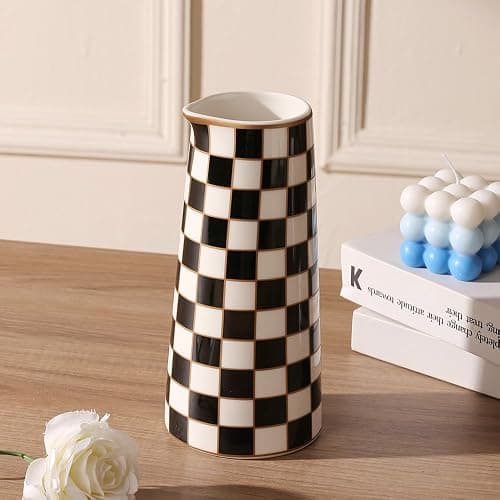 Porlien Checker Porcelain Flower Vase Home Decor Set of 2 with 5.5' High and 8' High Flower Bottle thumbnail 5