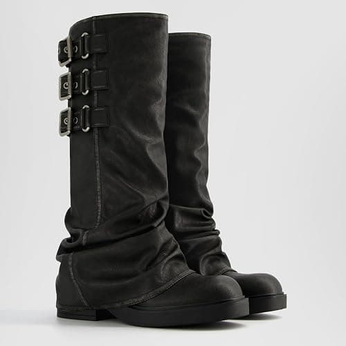 ClassicSter Fold Over Knee High Boots Slouch Boots for Women Chunky Goth Platform Boots,2 inch Heel Wide Calf Long Boots Square Toe Riding Boots thumbnail 6