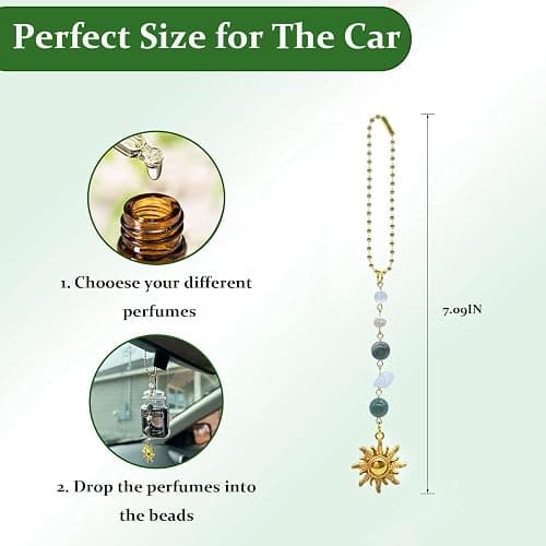 Sun Hanging Car Charm,Green and Gold Rear View Mirror Accessories Cute Boho Dangling Sun Car Decor Handmade Healing Crystals Stones Ornament Gifts for Women Men (Green) thumbnail 3