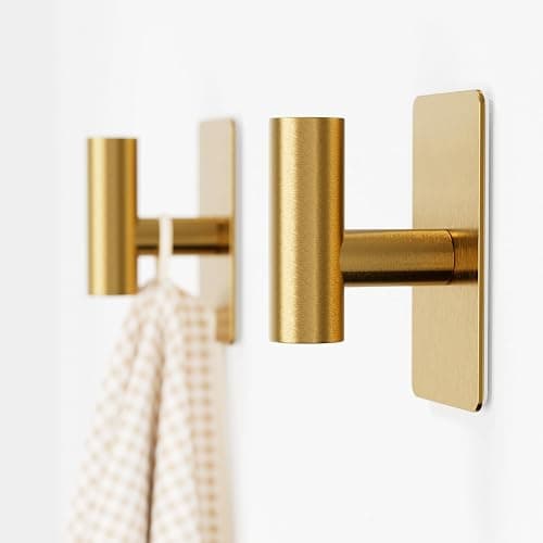 GWAAZXGZ Towel Hooks for Bathrooms – 2 Pack, Brushed Gold Finish, T-Shaped Stainless Steel Adhesive Wall Hooks for Robes & Towels in Kitchen, Shower, or Closet - Image 1