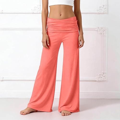 Coral Fold Over Yoga Pants Mädchen, Weite Lounge Hose Mit Raffung, Loose Fit Uni Corals Pants 2026 Coral Fold-Over-Yogahose, Weite Palazzo Hose Mit Hohem Umschlagbund,Korallfarbene Faltenhose thumbnail 2
