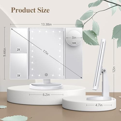HUONUL Makeup Mirror Vanity with Lights, 2X 3X 10X Magnification, Touch Control, Trifold Mirror, Dual Power Supply, Gifts for Women, Wife, Mom, Teengirls(White) thumbnail 7