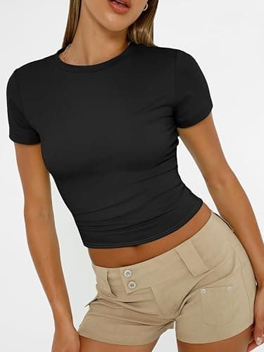 Trendy Queen Womens Short Sleeve T Shirts - Buttery Soft Summer Crop Tops Slim Fit Y2k Basic Tees for Workout thumbnail 4