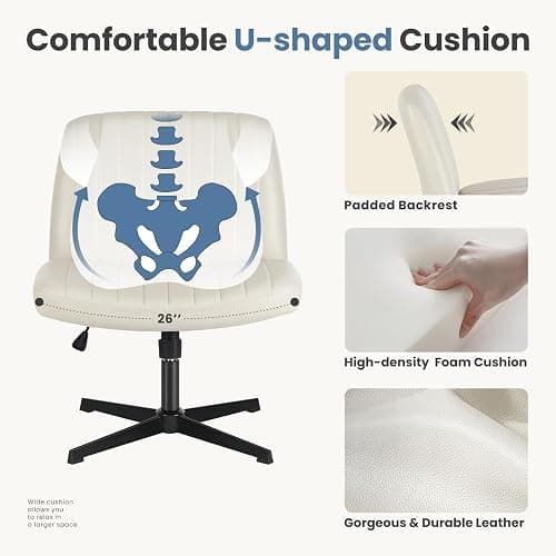 DUMOS Criss Cross Chair Legged Office Wide Comfy Desk Seat, No Wheels Armless Computer Task Seating, Swivel PU Leather Vanity Home Height Adjustable thumbnail 4