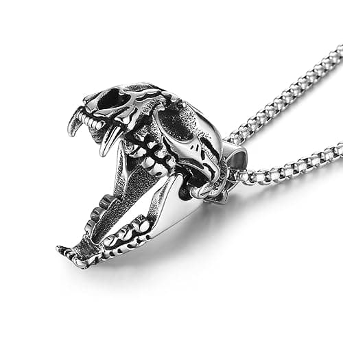 HZMAN Men's Punk Pendant Necklace, Gothic Stainless Steel Openable Sabertooth Tiger Skull Jewelry - Image 1