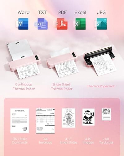 Portable Printers Wireless for Travel, A285M Bluetooth Inkless Thermal Printer Support 8.5" X 11" & A4 Thermal Paper, Small Mobile Printer Compatible with iPhone Android Laptop for Home Receipt, Pink thumbnail 3