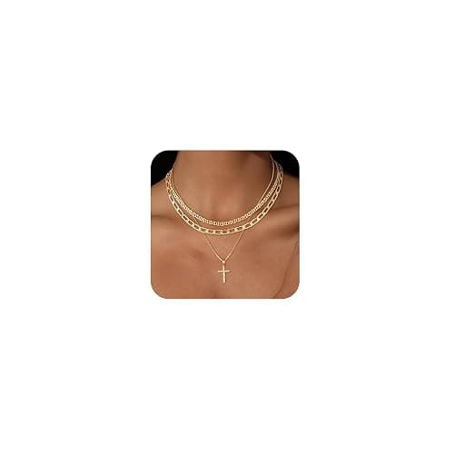 DIFOMI Layered Cross Necklaces for Women, Dainty 14K Gold/Sterling Sliver Plated Cross Necklace Cubic Zirconia Cross Pendant Simple Cuban Figaro Chain Long Snake Necklace Jewelry Gift for Women Trendy - Image 1