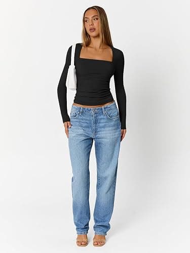 Trendy Queen Womens Long Sleeve Shirts Going Out Tops Square Neck Crop Workout Tops thumbnail 5