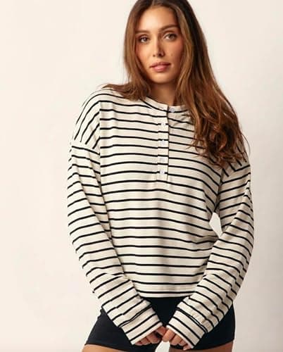 Almere Oversized Cotton Henley Longsleeve Tee, Striped Button Down, Boyfriend Fit thumbnail 3