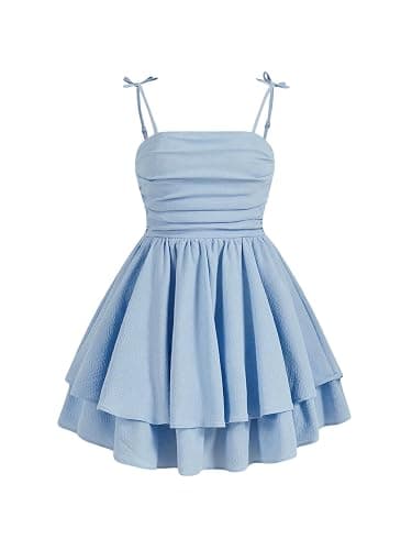 SHENHE Girl's Smocked Ruched A Line Swing Dress Layered Tie Shoulder Flowy Cami Short Dress - Image 1