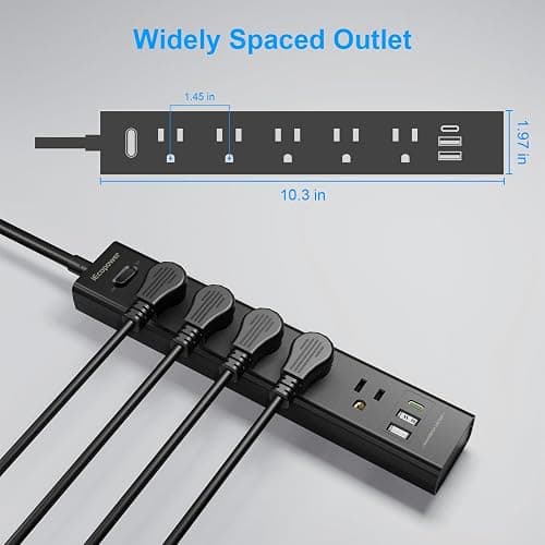 2 Pack Power Strip Surge Protector-5 Widely Spaced Outlets 3 USB Ports(1 USB C Port),1250W/10A with 5Ft Extension Cord, Power Strips with Surge Protection, Wall Mount for Home Office,Black thumbnail 4
