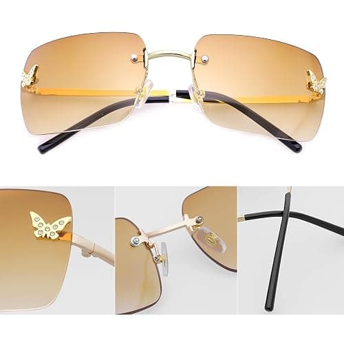 knliwkm Rimless Rectangle Y2k Sunglasses for Women Men Cute Small Clear Frameless Tinted Lens 2000S Fashion Shades Butterfly - Silver, Gradient Pink thumbnail 6