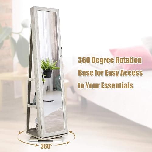 MAT EXPERT 360 Rotating Jewelry Armoire with Mirror, Freestanding Jewelry Storage Mirror w/78 Ring Slots, 24 Necklace Hooks, 120 Earring Slots, Lockable Jewelry Organizer for Makeup (White) thumbnail 5