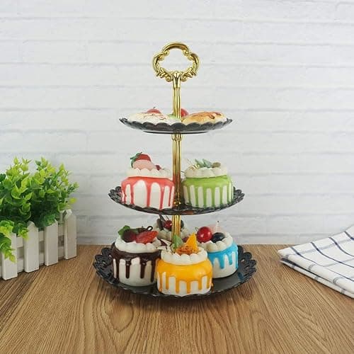 Artliving 3-Tier Plastic Cake Stand Dessert Stand Cupcake Stand Tea Party Serving Platter Black Gold thumbnail 2