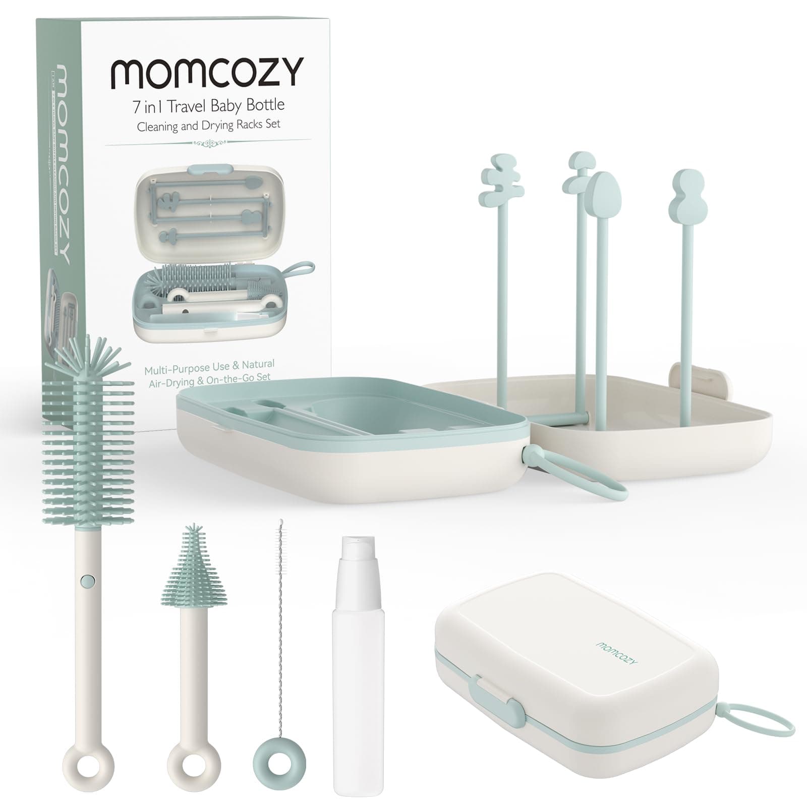 Momcozy Bottle Brush Set - Baby Bottle Cleaner Kit with Silicone Nipple Straw Brush, Soap Dispenser, Drying Rack - 7 in 1 Bottle Cleaning Tool for Home and Travel - Image 1