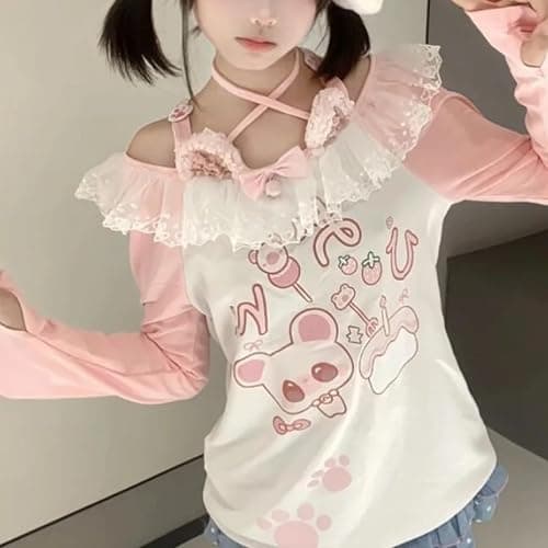 Y2K Cutecore Kawaii Sweet Shirt Women Long Sleeve Oversize Japan Cartoon Print Cute Teen Tshirt Top Clothes thumbnail 2